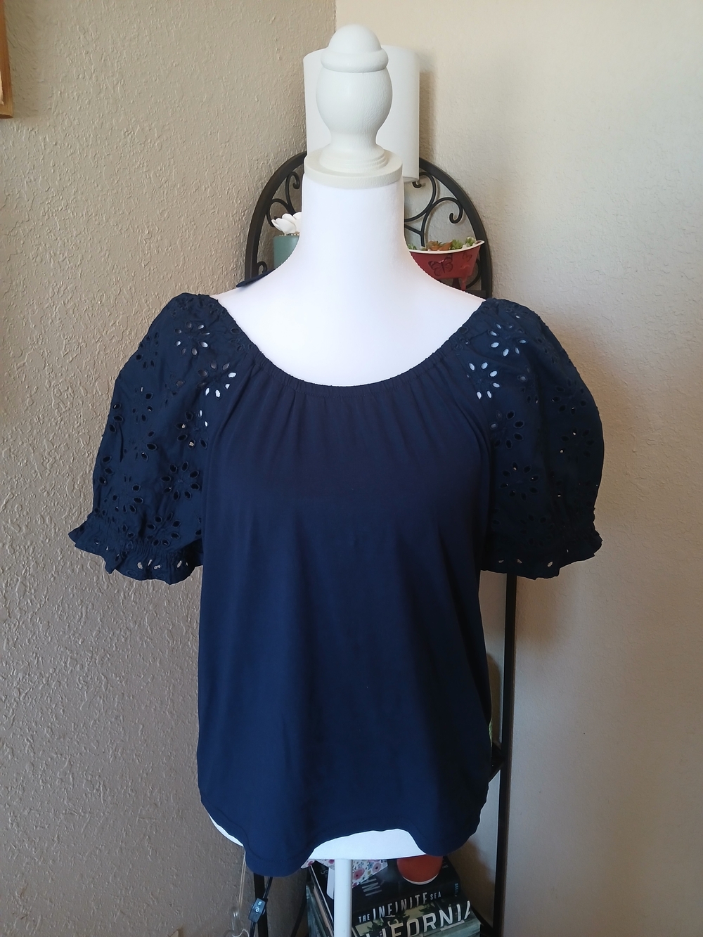 J. Crew Navy Eyelet Puff Sleeve Blouse